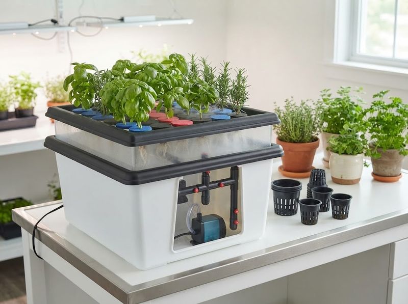 Mint cuttings suspended in a compact white cloning machine on a kitchen window