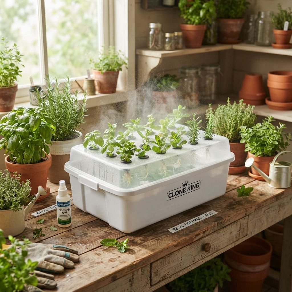Cuttings rooting in a Clone King aeroponic cloning machine on a propagation bench
